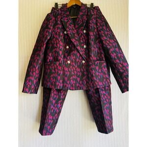 Venus Floral Brocade Pant Suit Trousers Double Breasted Blazer Size 8/10 Purple